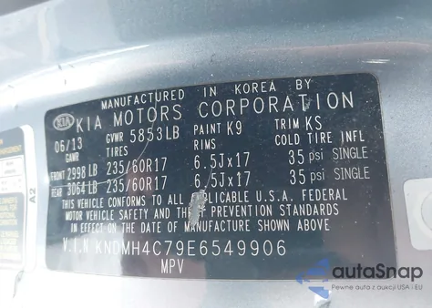 2014 Kia Sedona Ex z USA, uszkodzony, nr VIN KNDMH4C79E6549906